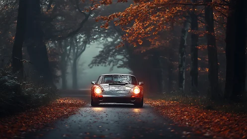Classic sports coupe on misty autumn forest road at dusk