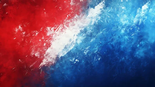 Abstract red, white, and blue textured painting with dynamic brushstrokes.