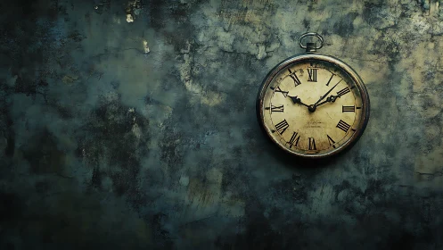 Vintage pocket watch on worn textured wall background.