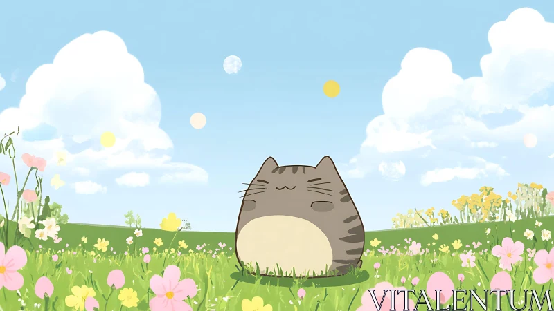 Chubby gray cat soaking up sunshine in a breezy meadow.