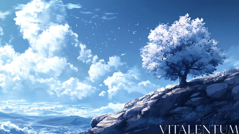 Lone skyblossom tree guarding a bright wind-chiseled cliff.