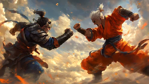 Skybound martial duel between armored and robed warriors.