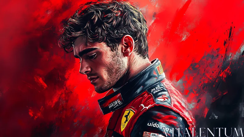 Digital painting portrait of racing driver in red cascade focus.