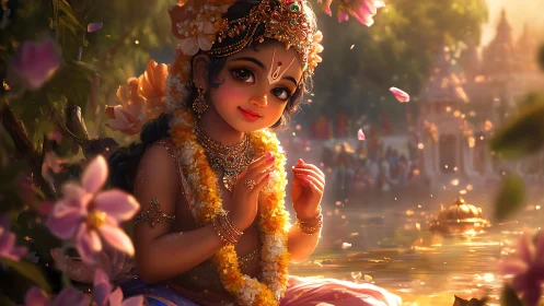 Sunlit child deity by the river in blossoms and gold.