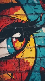 Expressive graffiti eye blazes across a weathered brick wall.
