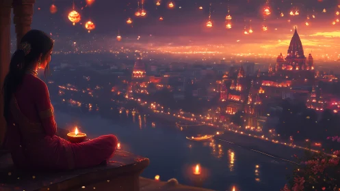 River of lamps and dusky temple dreams in saffron twilight.