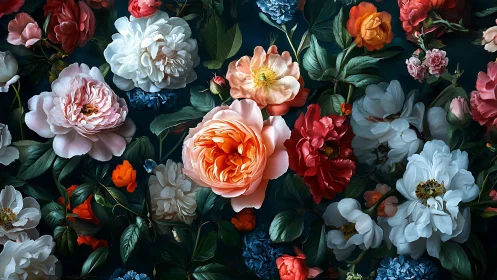 Garden with Layered Florals on Dark Ground.