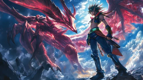 Skybound hero meets crimson dragon in stormlit showdown.