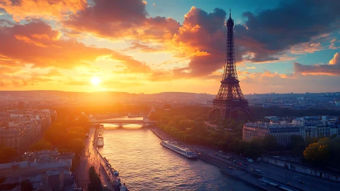 Eiffel Tower and Seine under low sun with dense cloud cover.