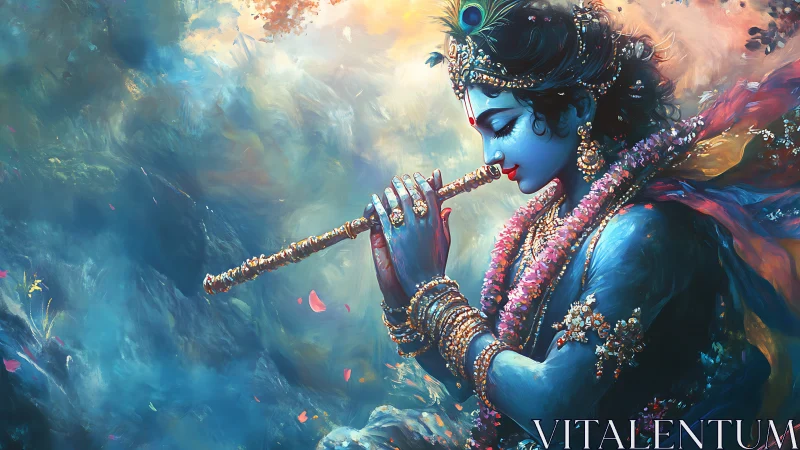 Mystical blue flutist in swirling ethereal blossoms.