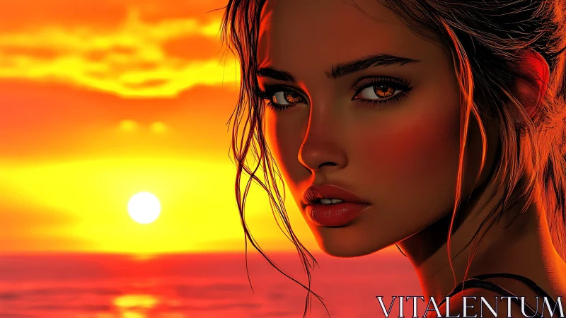 Fiery sunset portrait highlights molten amber gaze and skin.