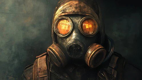 Postapocalyptic survivor wearing weathered gas mask portrait.