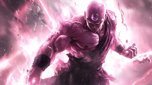 Dynamic anime warrior in explosive magenta energy field.