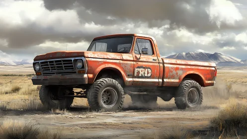 Rusty lifted pickup truck stands on dusty desert track