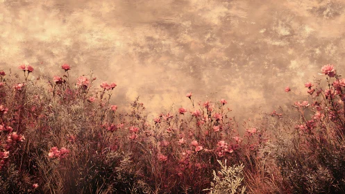 Digital painting of sepia wildflower meadow with textured sky.