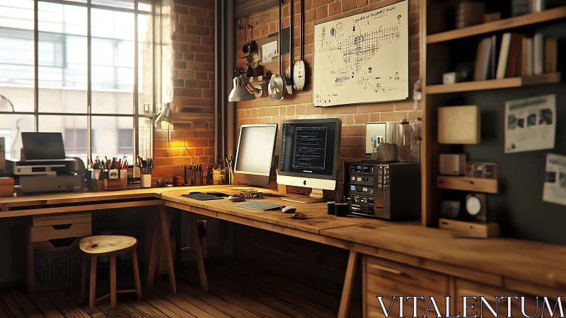 Warm brick loft studio frames dual-screen creative workspace.