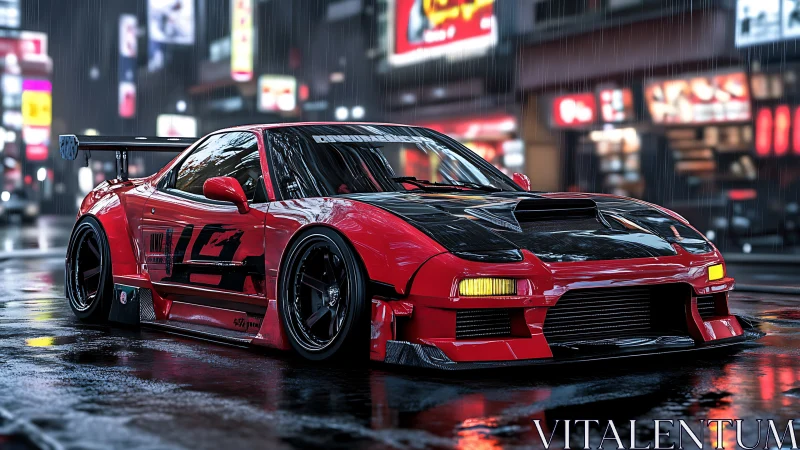 Modified red sports coupe is parked on wet urban street