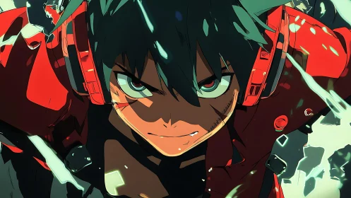 Determined anime hero in red armor charging forward.
