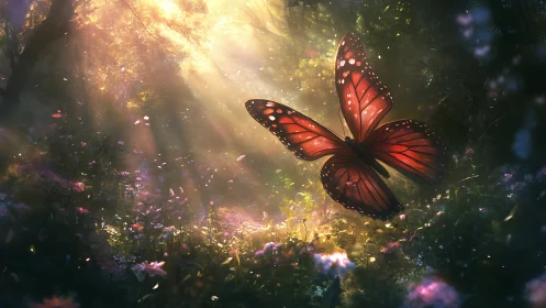 Large orange butterfly in backlit forest clearing at dawn.