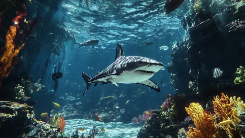 Graceful shark gliding through a sunlit coral canyon.