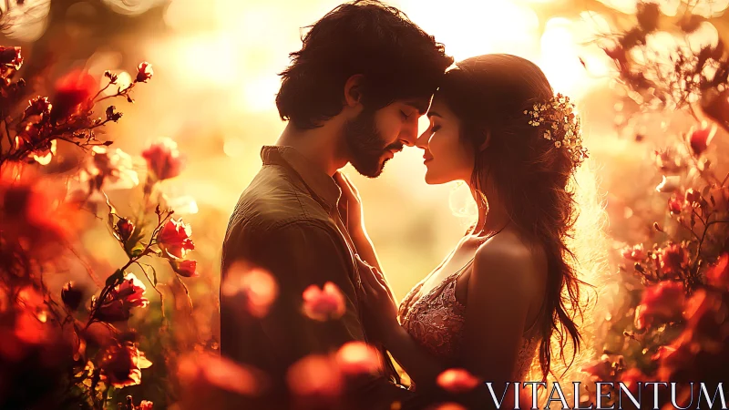 Couple in Golden Hour Garden with Red Flowers.