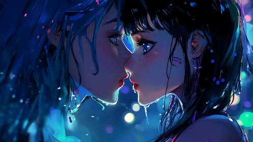 Neon-lit anime portrait captures intimate near-kiss in profile