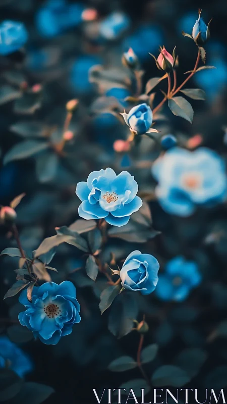 Blue roses with creamy white petals and golden stamens in selective focus composition.