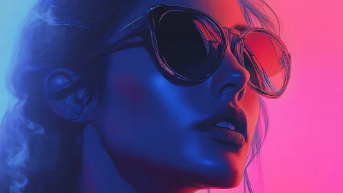 Neon-lit female portrait renders glossy sunglasses in profile