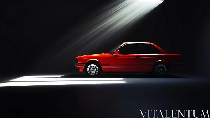 Red classic coupe parked in focused studio light beams