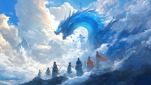 Skyborne warriors confront a colossal azure spirit dragon