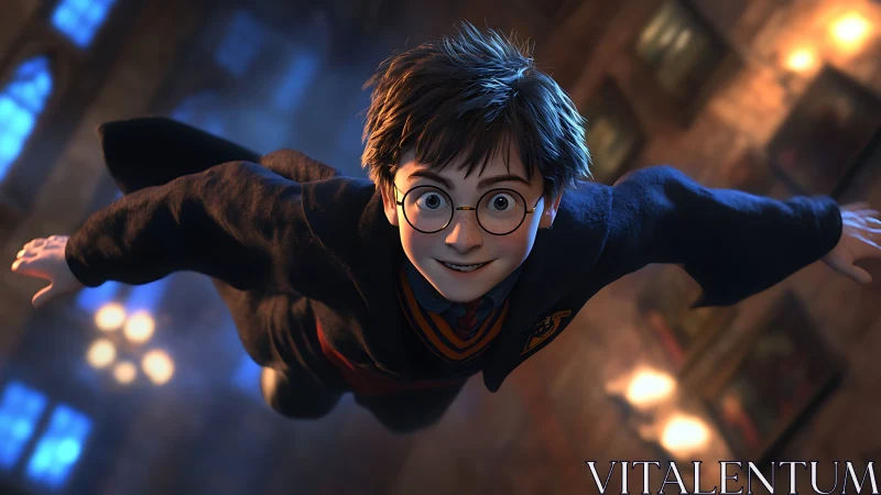 Young wizard soars through torchlit hall in vivid 3D magic.