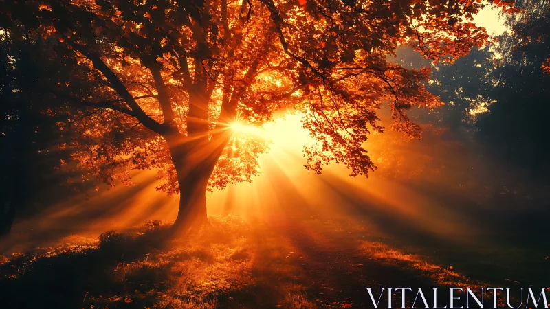 Backlit autumn oak with radiant sunbeams across forest path.