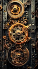 Rusted steampunk gearwork with layered industrial cogs.