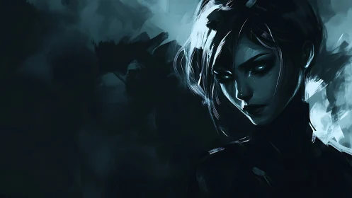 Nocturnal cybernetic rogue in teal monochrome portrait.