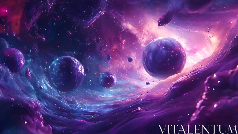 Dreamy cosmic orbs drifting through swirling violet nebulae.