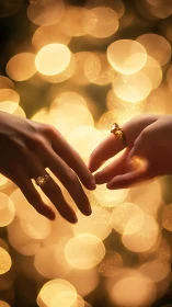 Two Hands Displaying Engagement Rings Against Warm Bokeh.