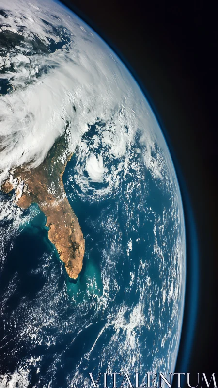 Satellite view of Earth with coastline, ocean and clouds.