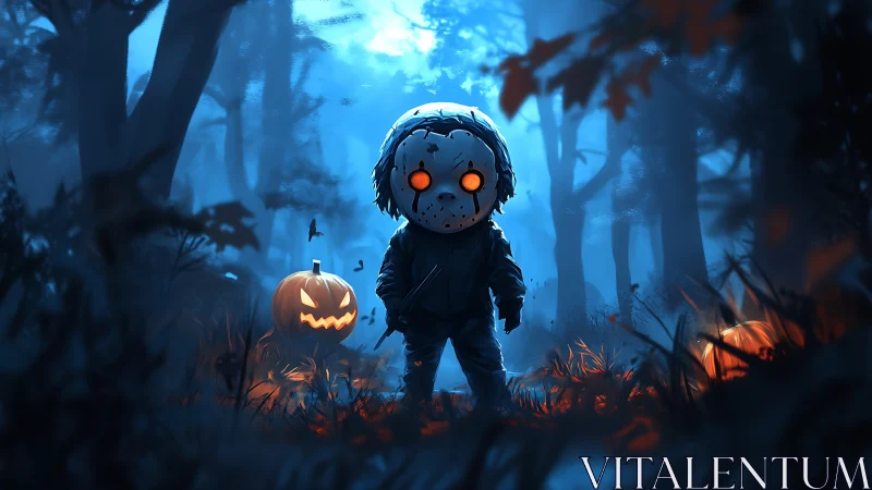 Chibi masked slasher kid stands in eerie blue forest scene.