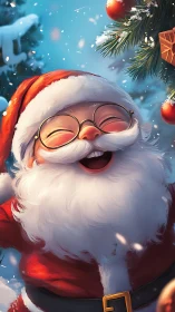 Joyful Santa laughs beneath a snowy, sparkling tree branch