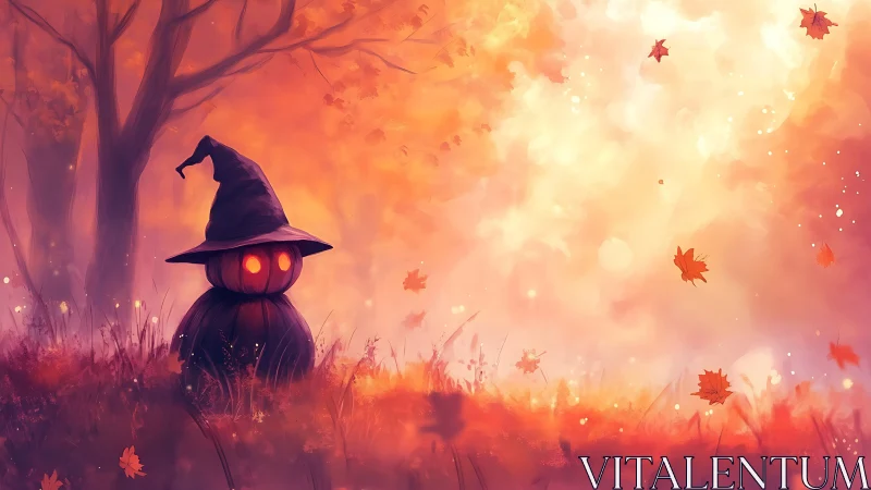 Cozy pumpkin witch resting in a glowing autumn forest haze.