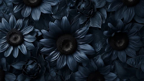 Dark Sunflowers Against Deep Navy Background.