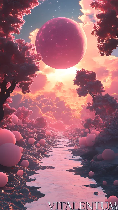 Celestial pink sphere above luminous pastel dreamscape.
