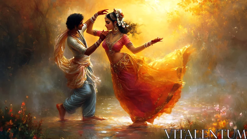 Luminous lovers dance through a golden, enchanted river veil