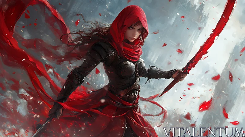 Red-clad armored figure holds curved sword amid dynamic debris