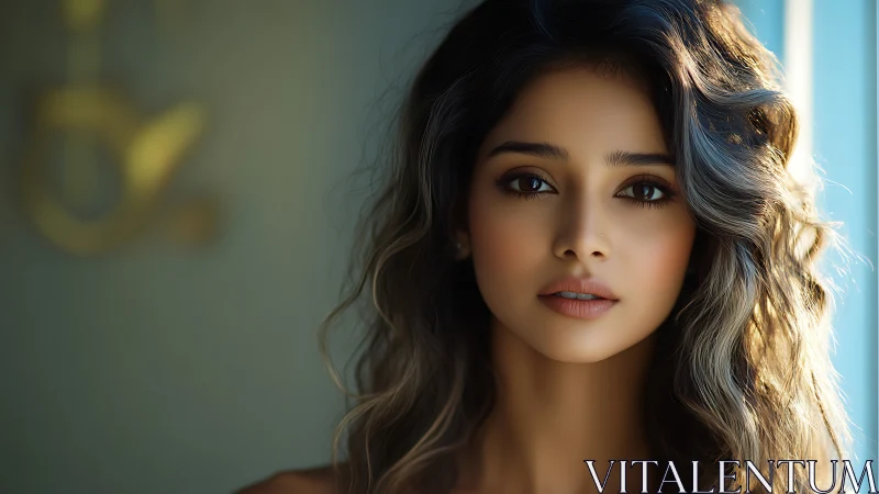 Soft window light sculpts serene portrait in warm tones.