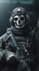 Tactical operator in skull mask holding rifle in gear.