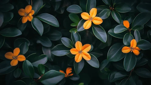 Golden blossoms resting softly in deep green leaves.