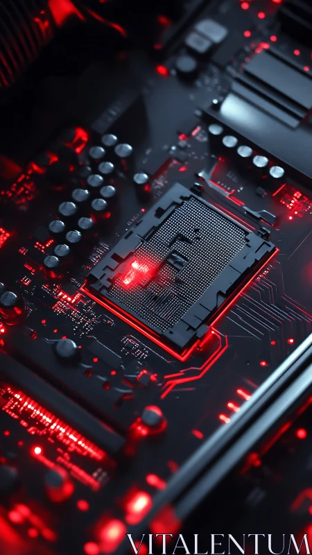 Close view of illuminated CPU socket on red lit motherboard.