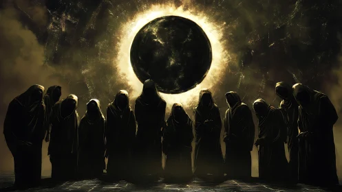 Eclipsed sky gathers hooded figures in a solemn circle
