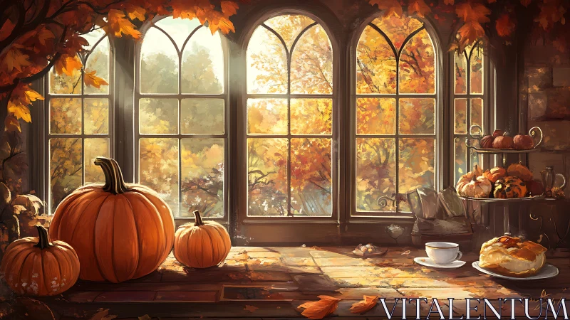 Cozy autumn window scene with pumpkins and pastries bathed in light.